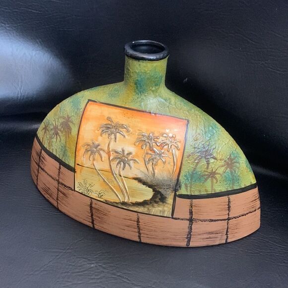 PalmTree Ceramic Vase Hand painted Gold Flaked Green Brown 13 X 8 1/2 Inch Tall - Picture 2 of 7